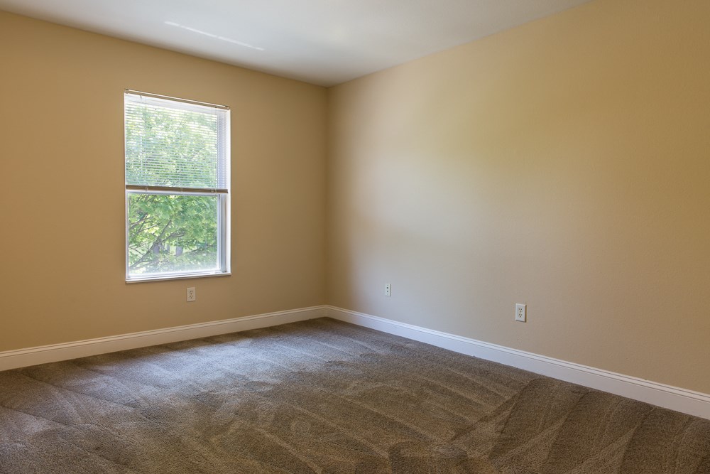 an empty room with carpet and a window