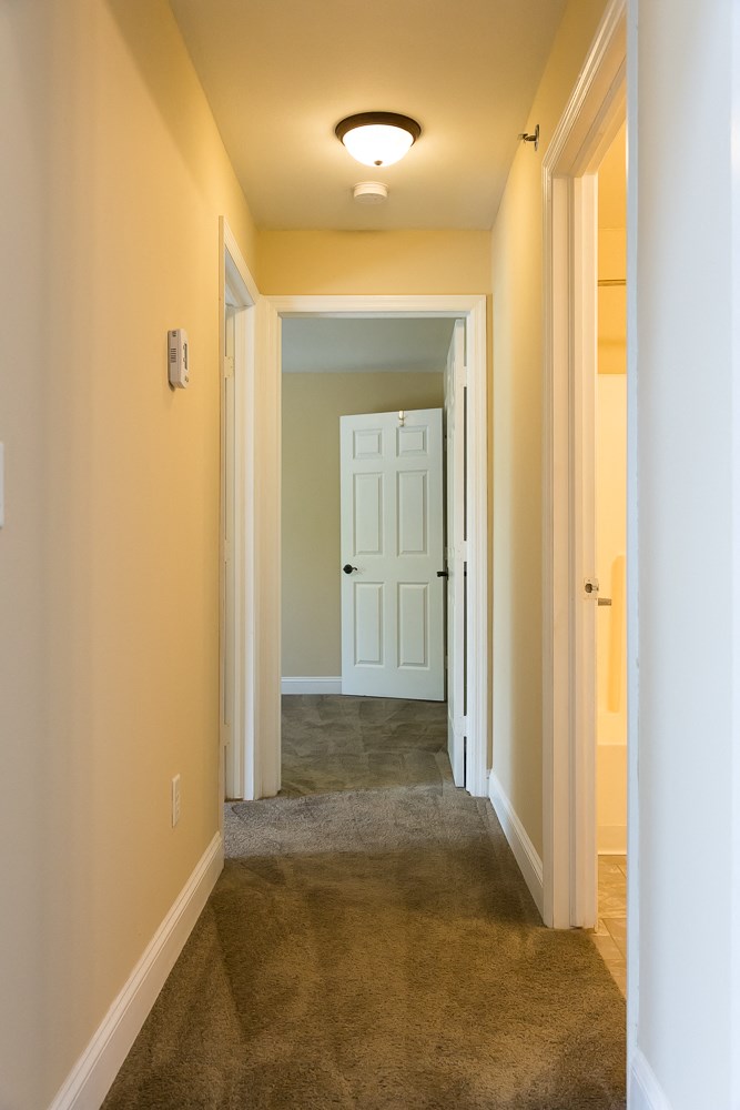 a hallway with a carpeted floor and a white door