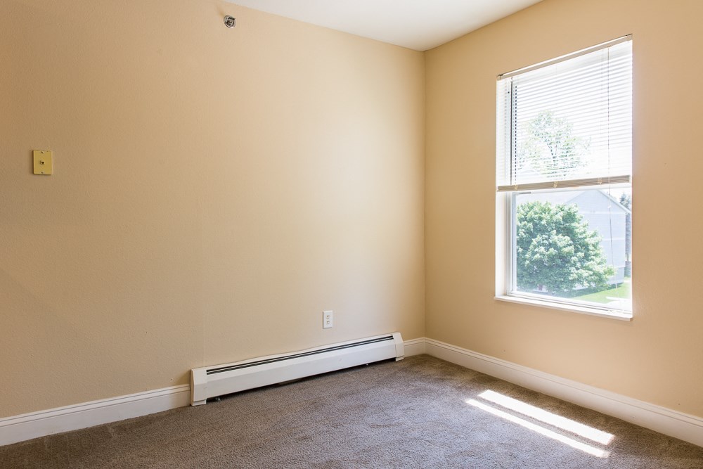 an empty room with a window and a carpeted floor