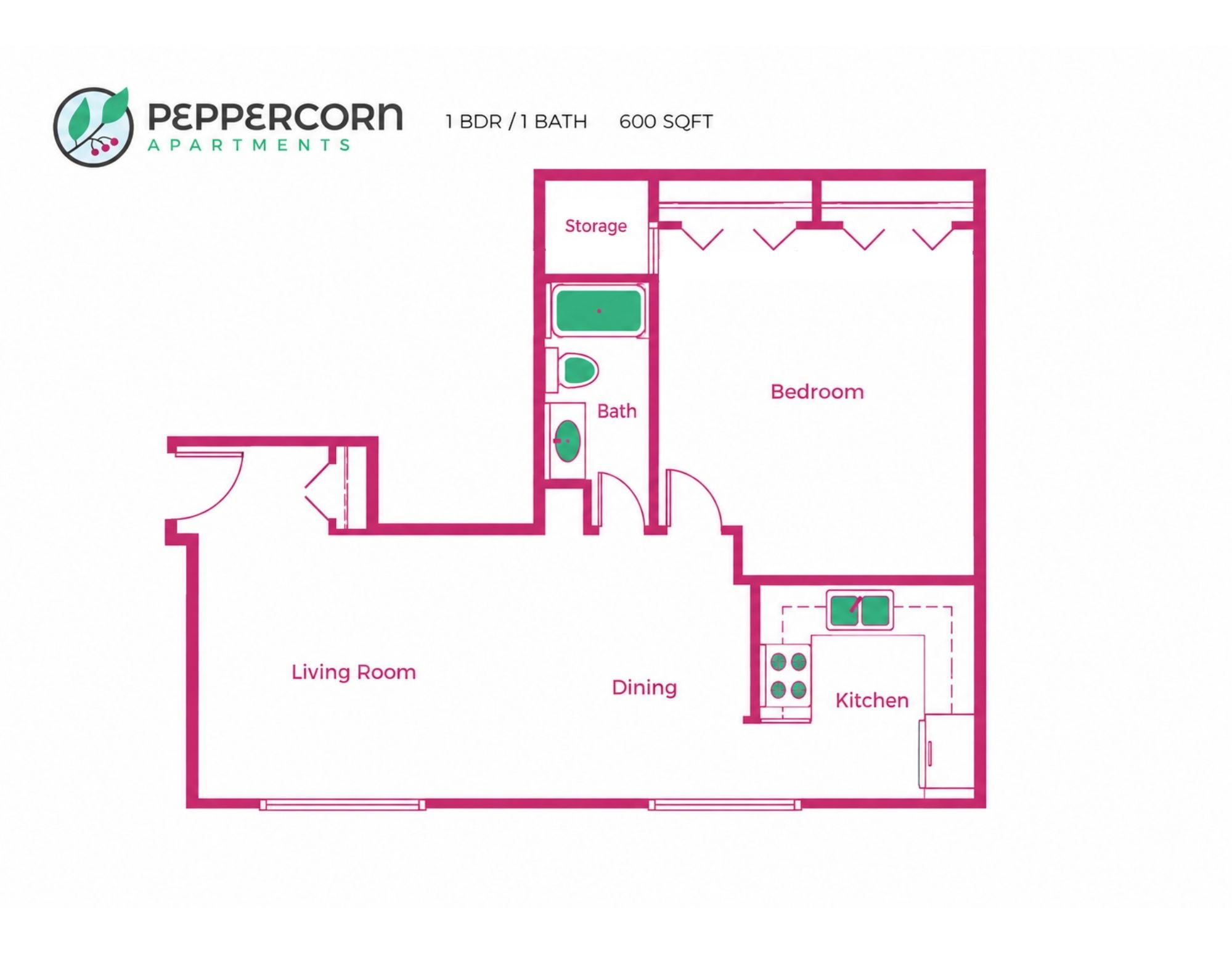 1 Bed, 1 Bath - 600 sq ft