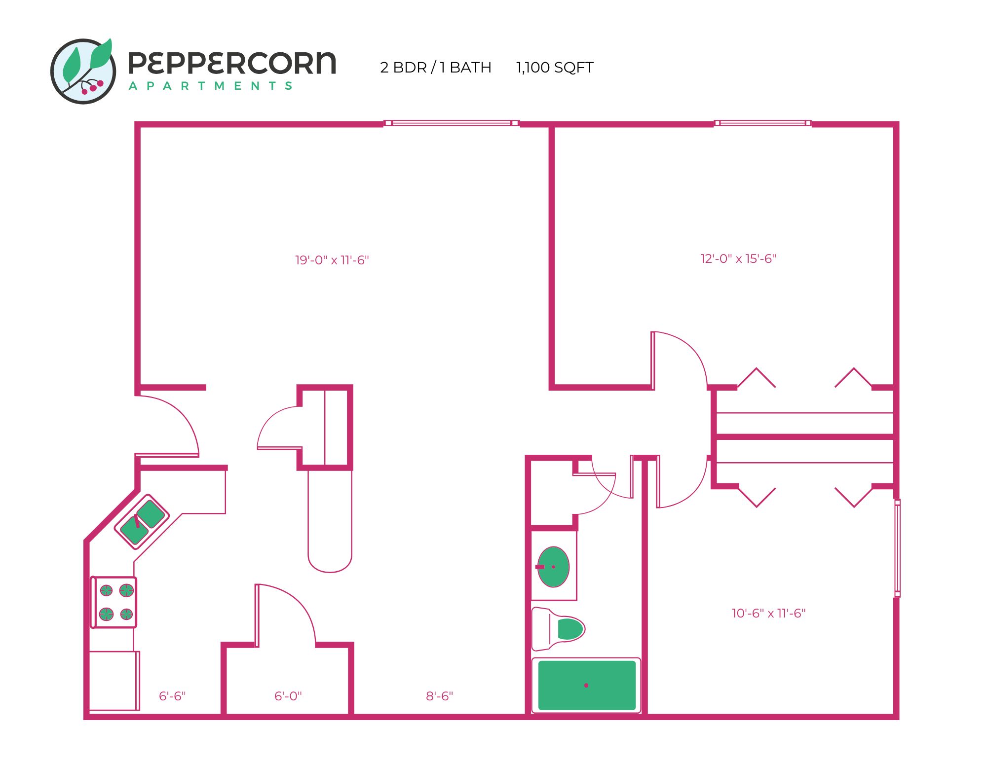 2 Bed, 1 Bath - 1,100 sq ft