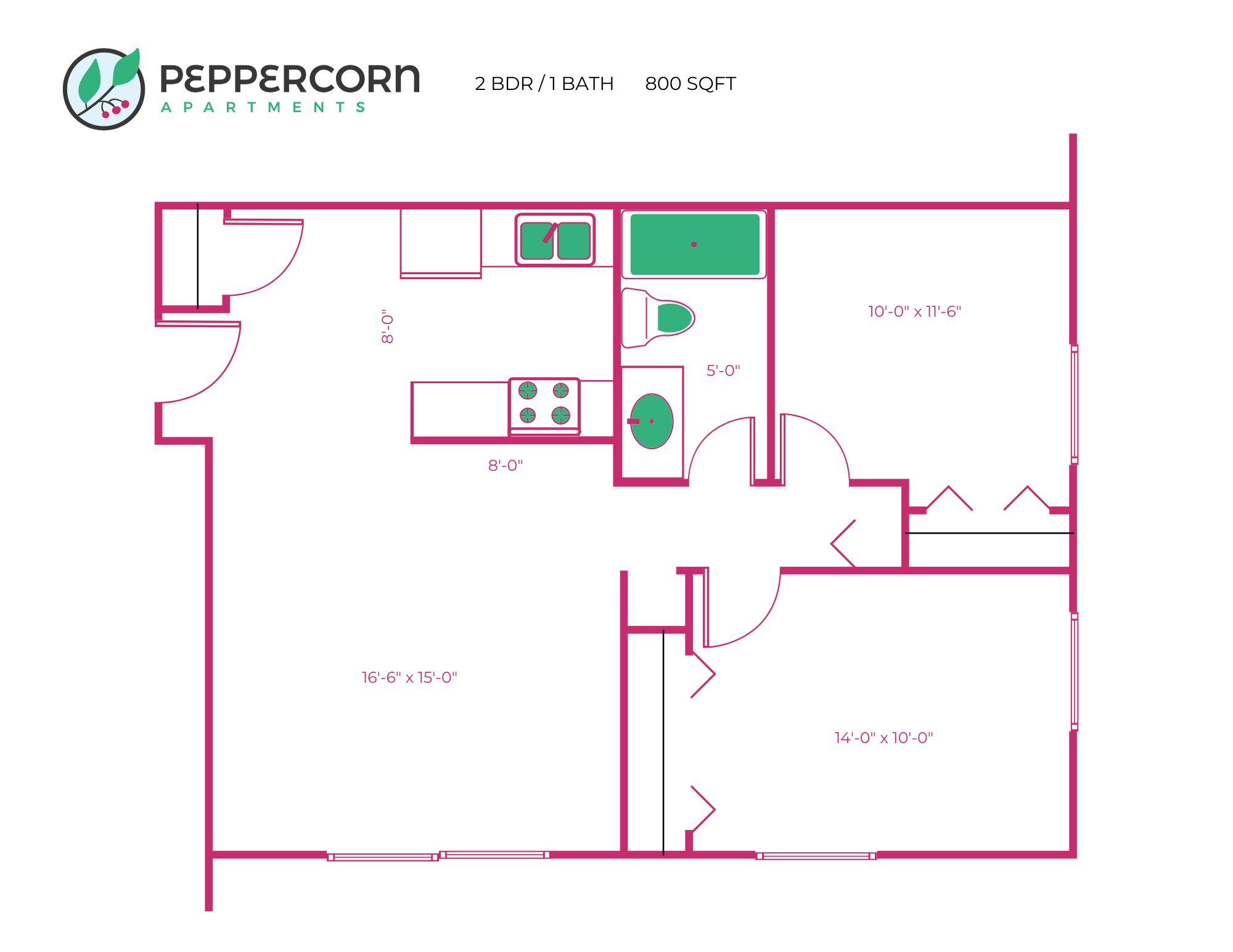2 Bed, 1 Bath - 800 sq ft