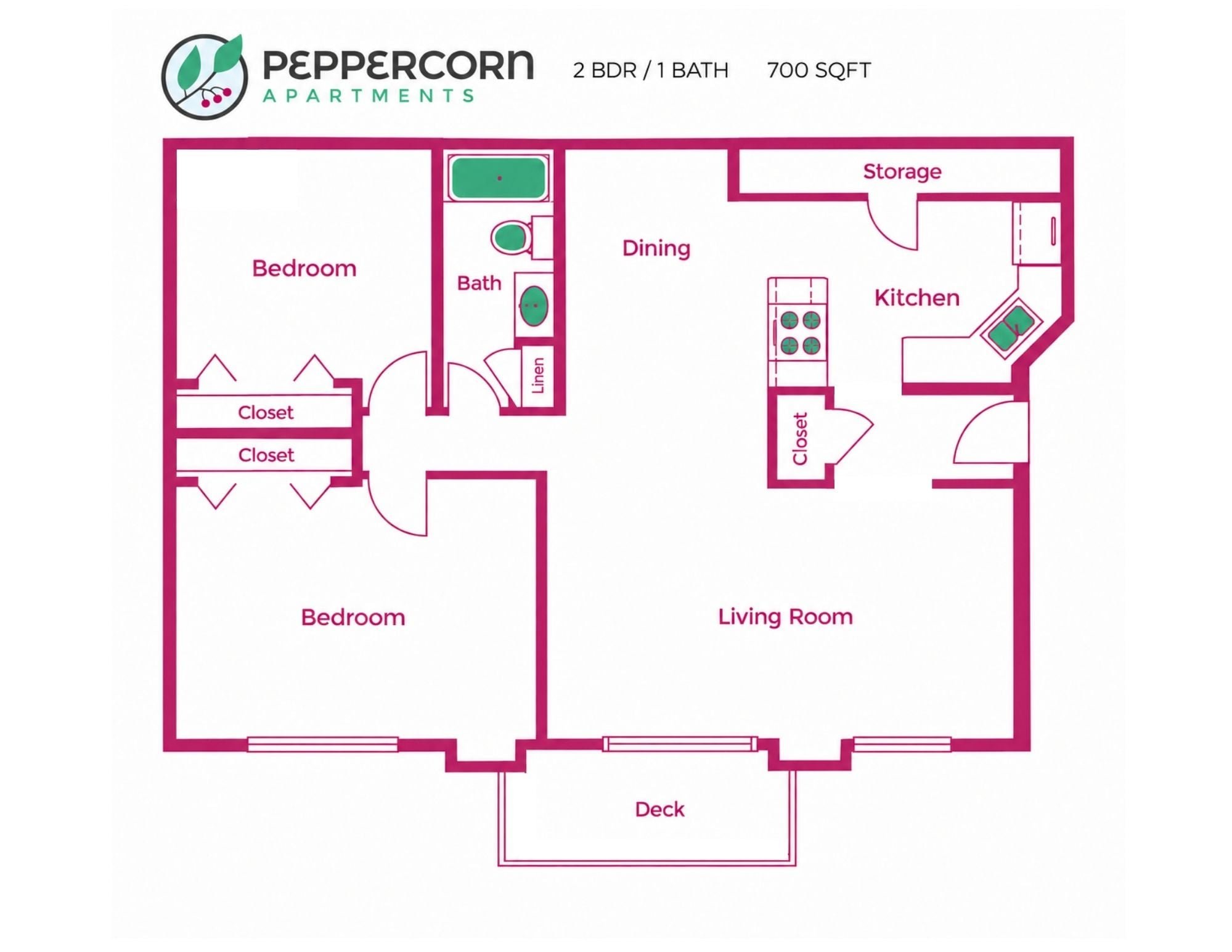 2 Bed, 1 Bath - 700 sq ft