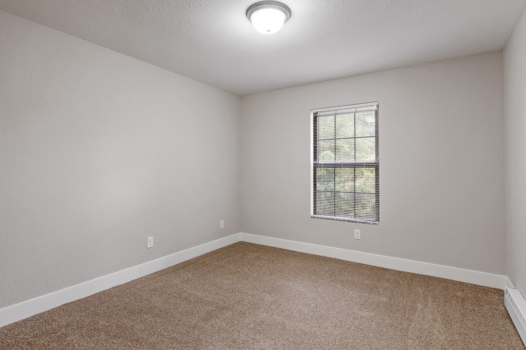 A room with a window and carpeted floor.
