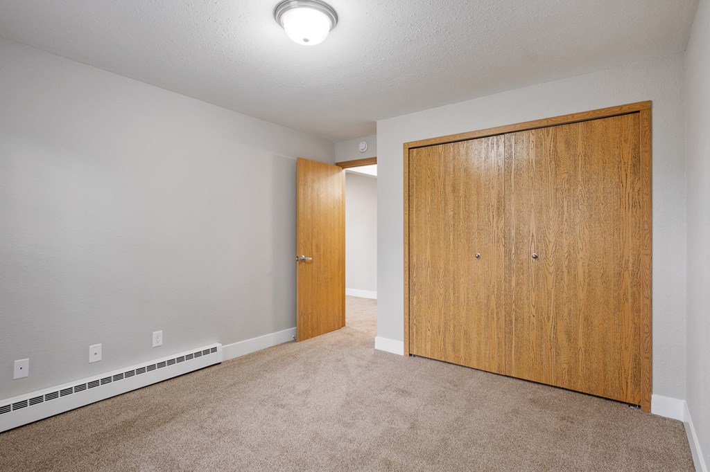A room with a carpeted floor and two wooden doors.