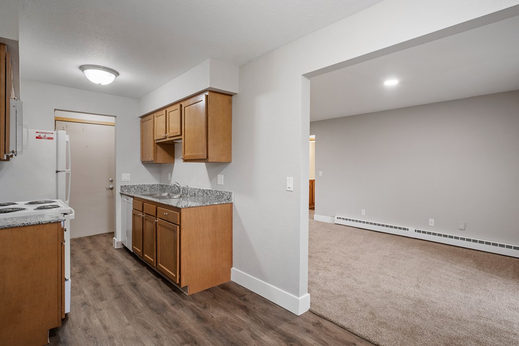 A kitchen with wooden cabinets and a marble countertop.