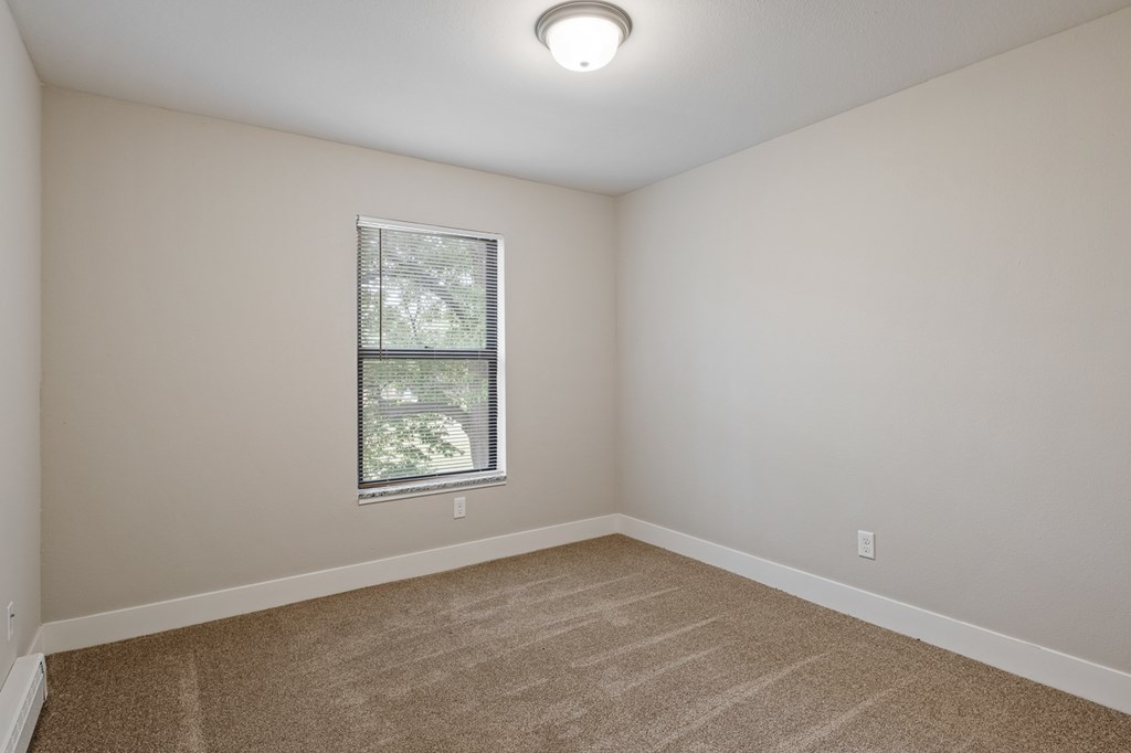 A room with a window and carpeted floor.