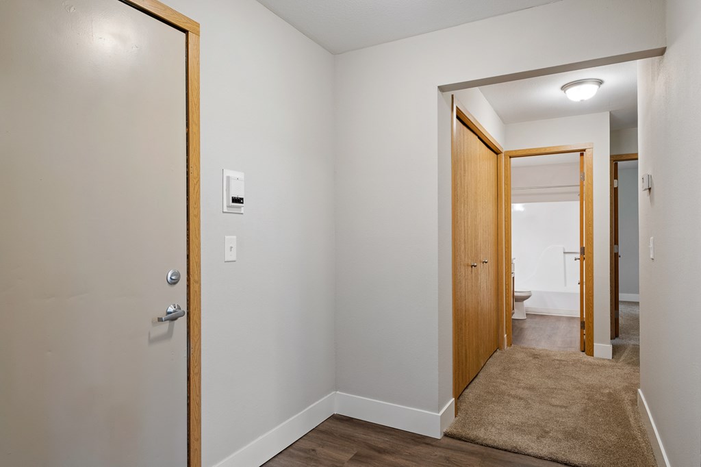 A hallway with a brown carpet and a white door.