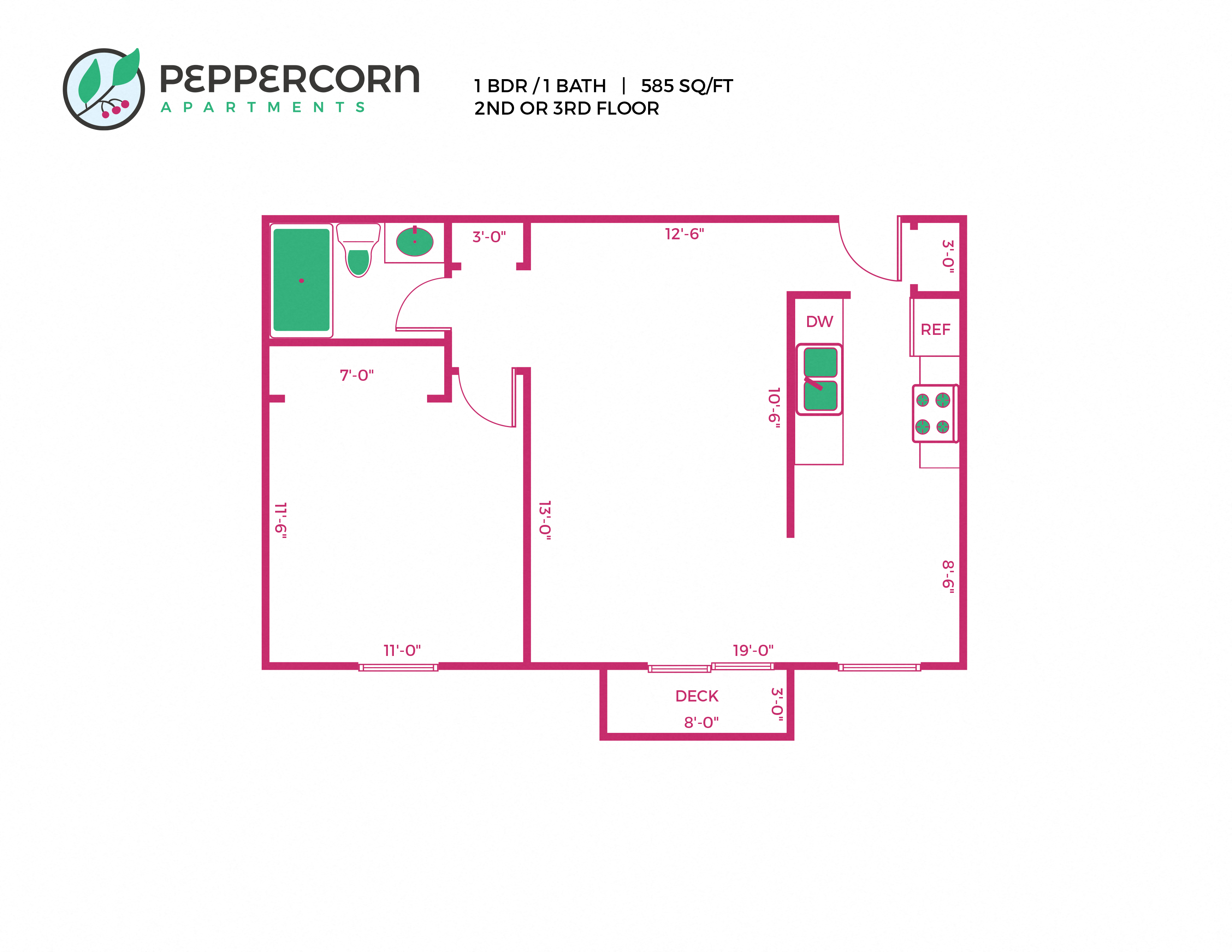 1 Bed, 1 Bath - 585 sq ft
