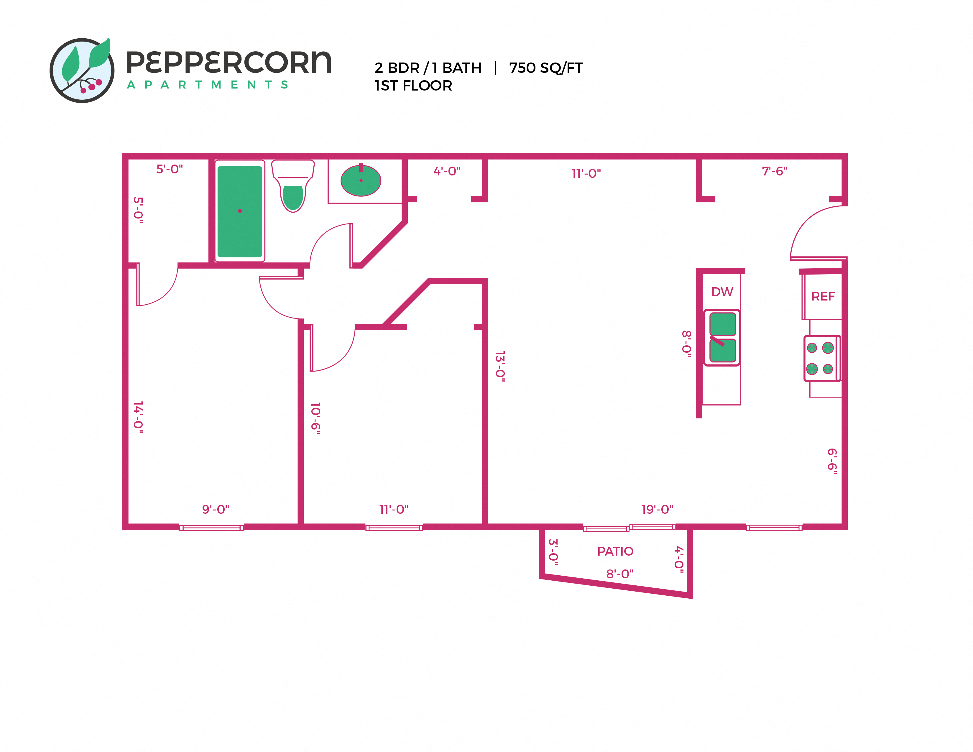 2 Bed, 1 Bath - 751 sq ft