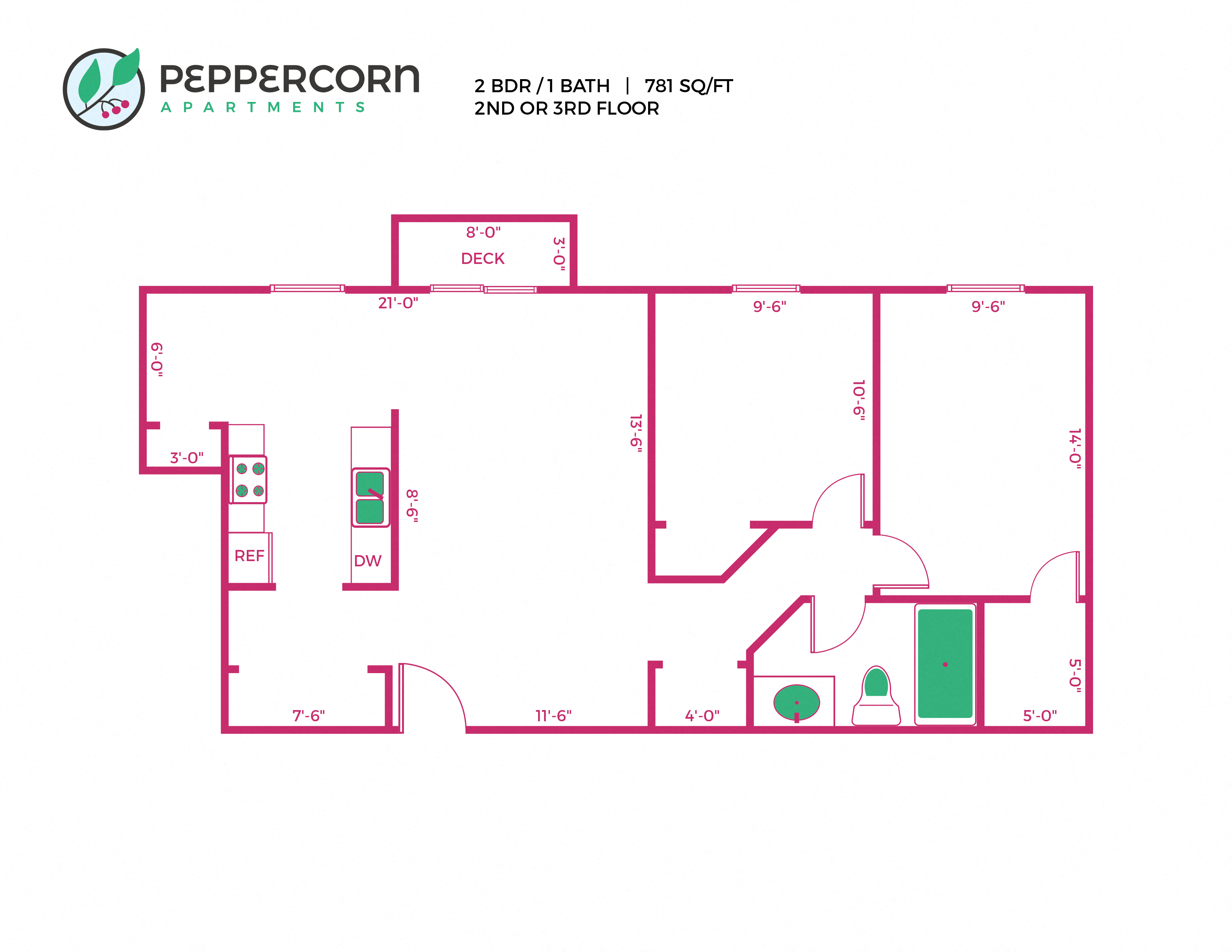 2 Bed, 1 Bath - 781 sq ft