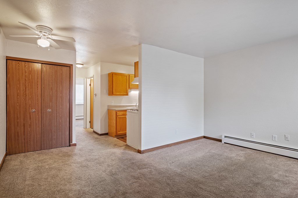 A room with a carpeted floor and a ceiling fan.
