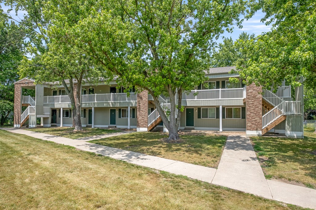A tree in front of a building.