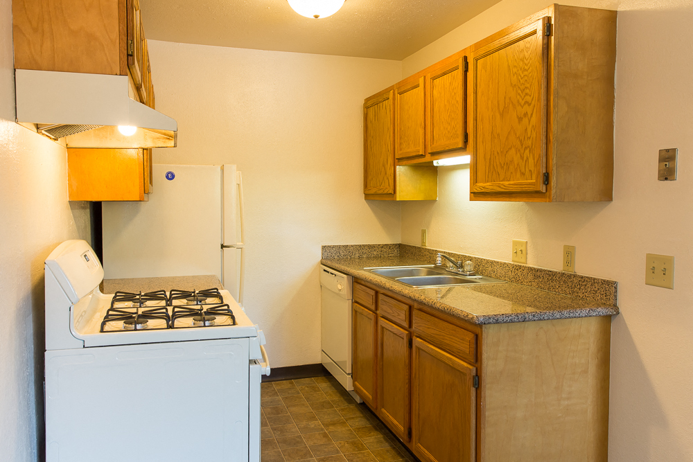 a kitchen with a stove and sink and a refrigerator