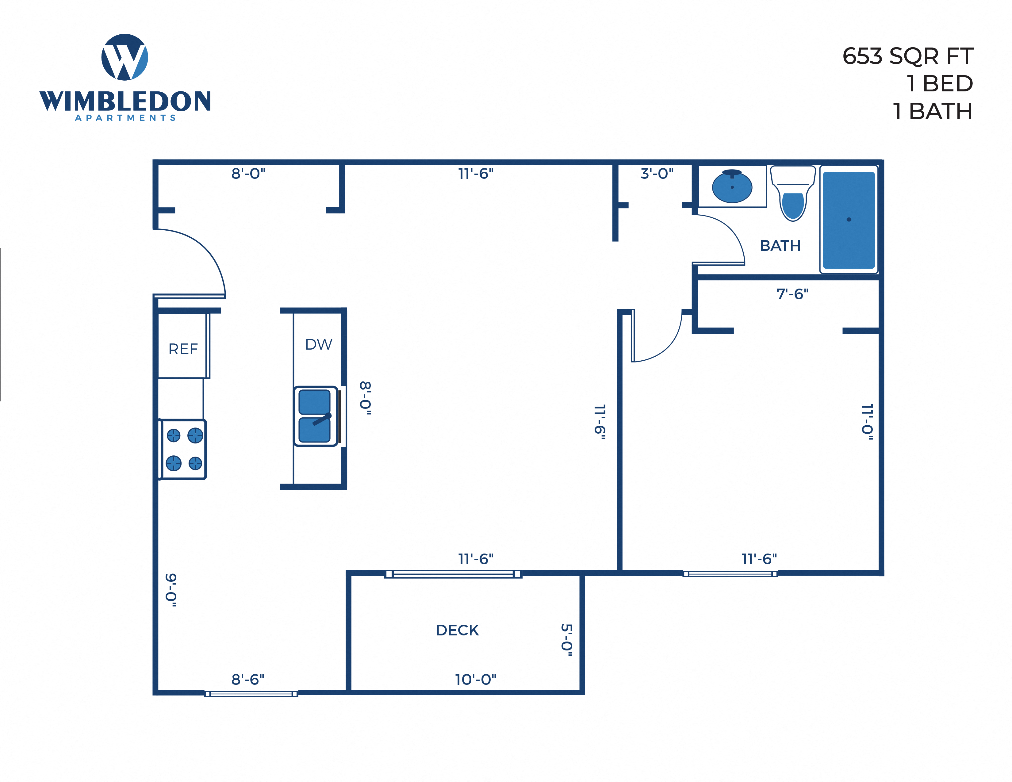 1 Bed, 1 Bath - 653 sq ft