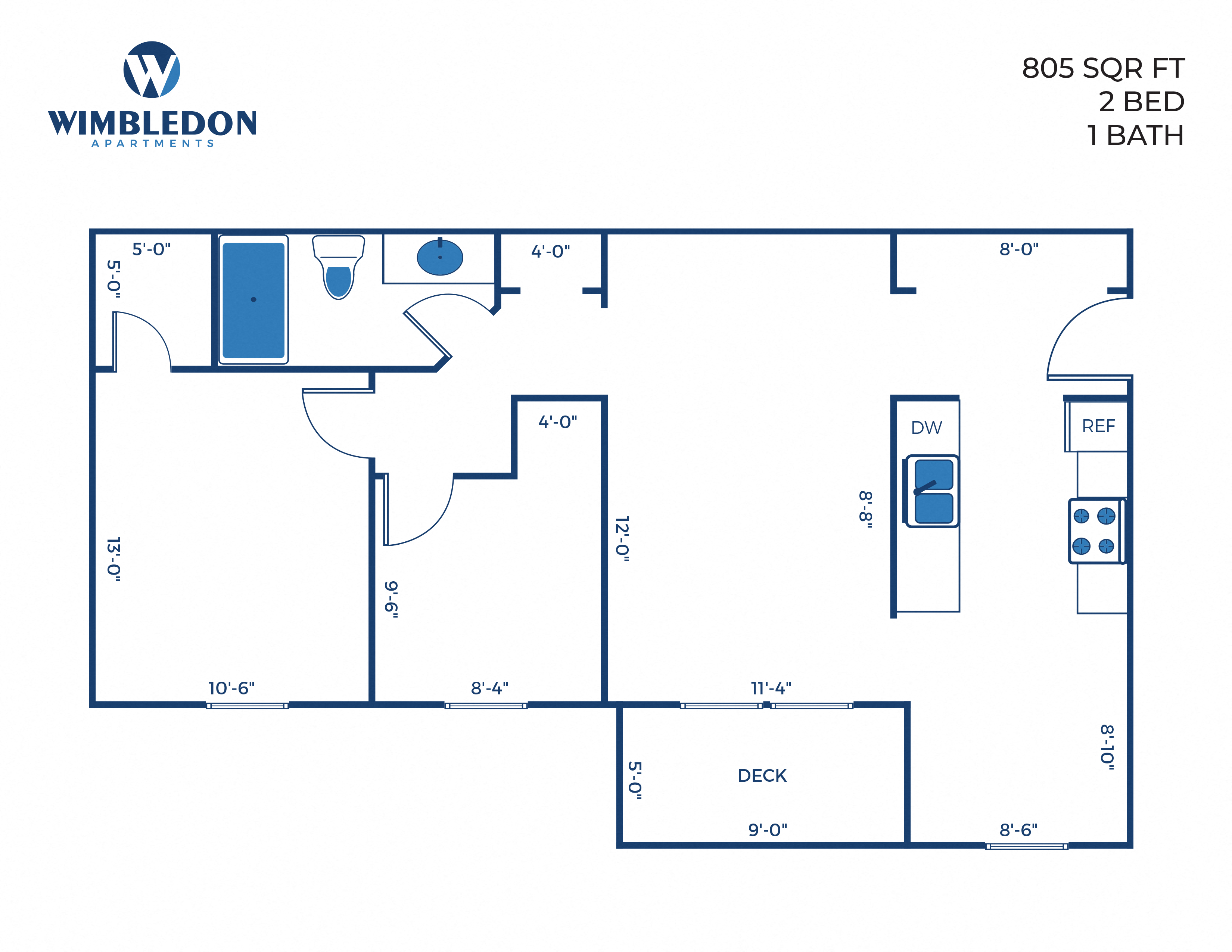 2 Bed, 1 Bath - 805 sq ft