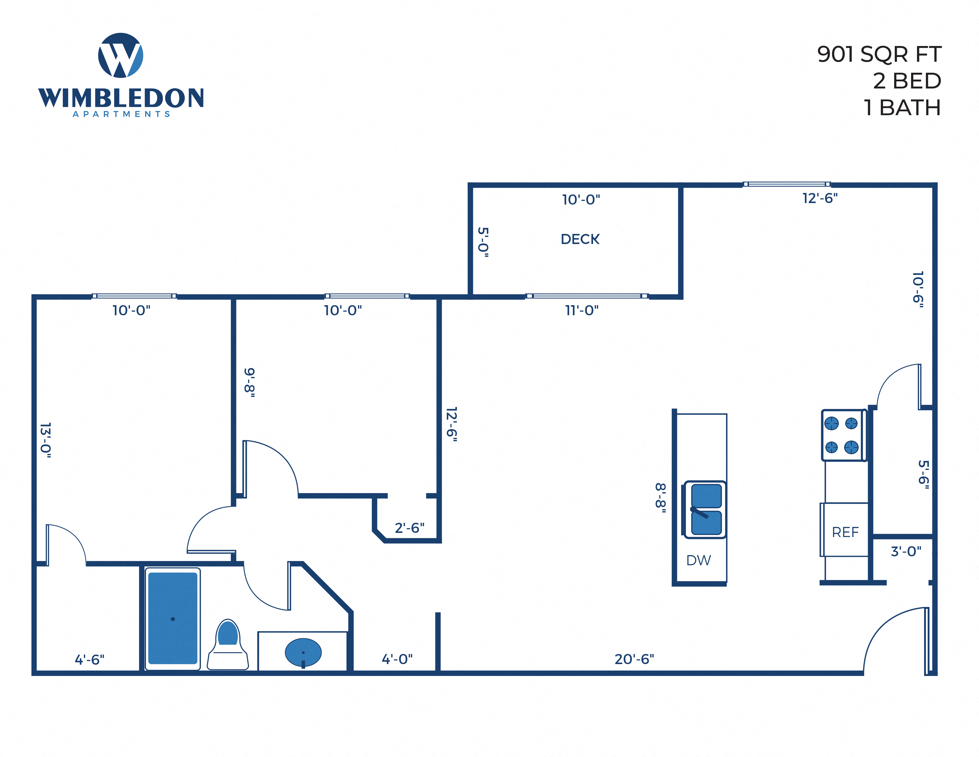 2 Bed, 1 Bath - 901 sq ft