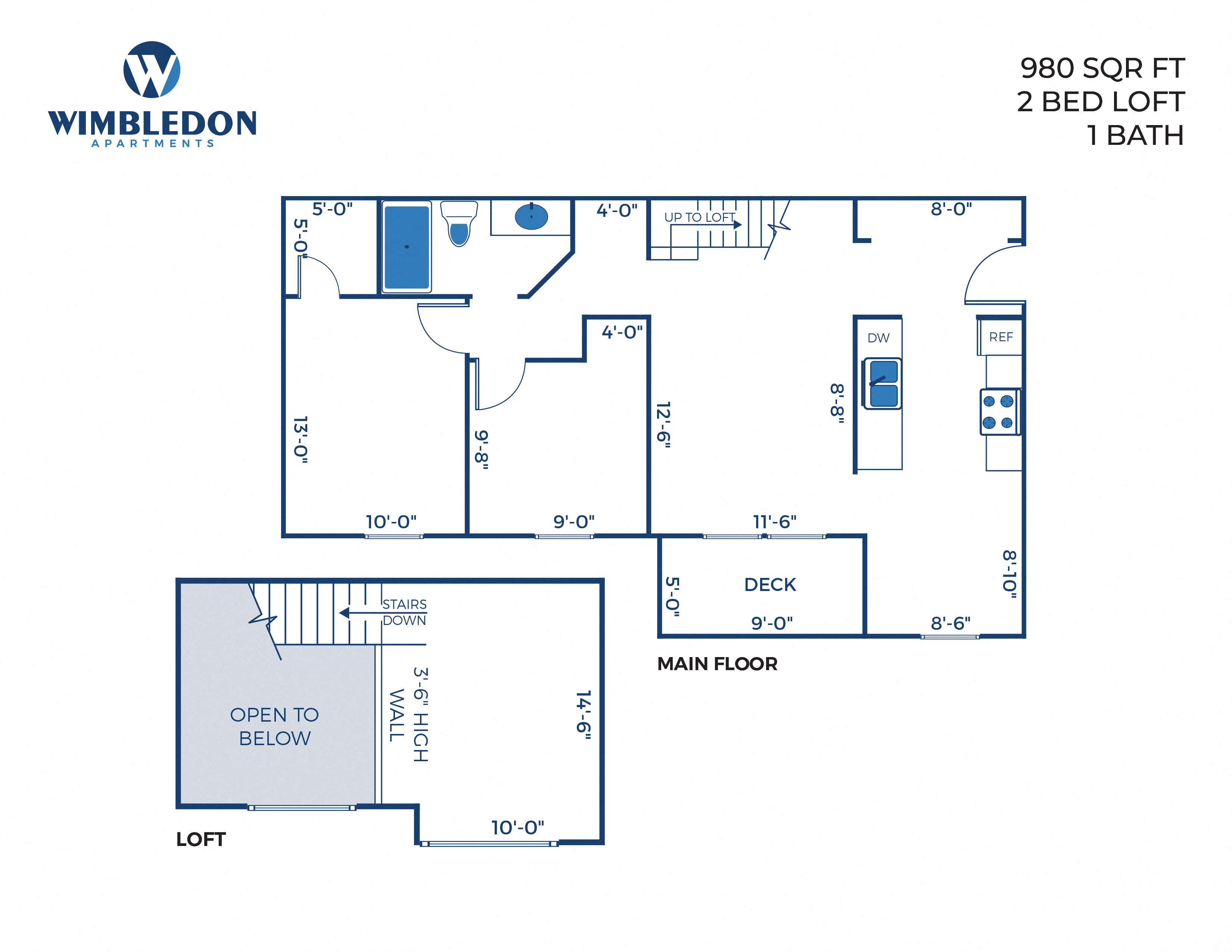 2 Bed, 1 Bath Loft - 980 sq ft