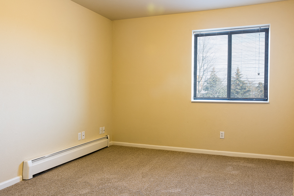 an empty living room with a window and carpeting