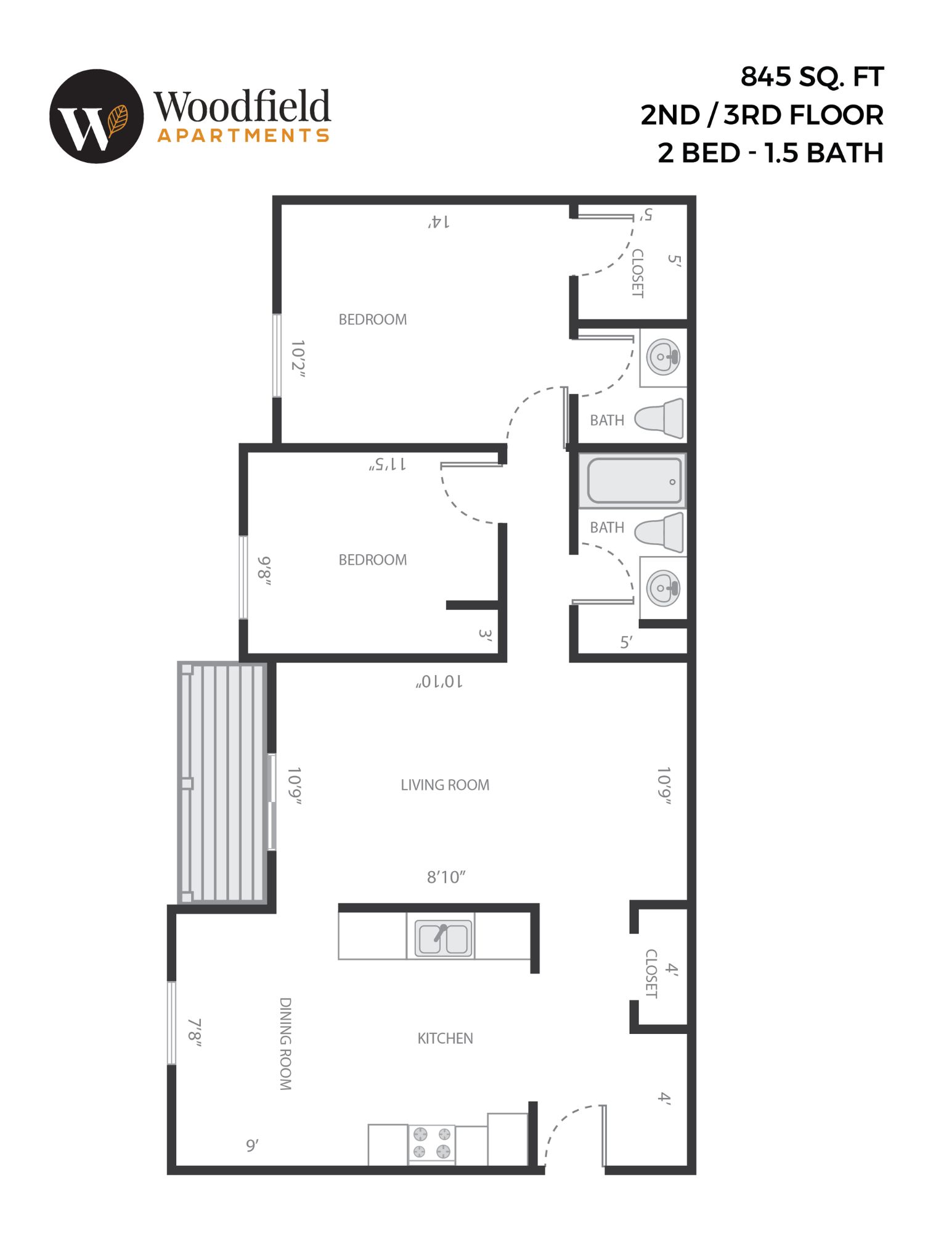 2 Bed, 1 Bath - 845 sq ft