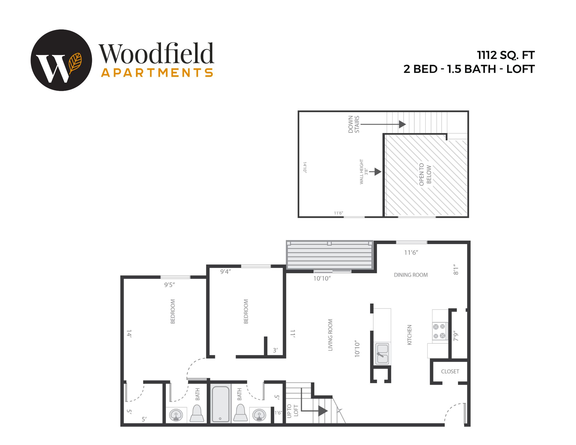 2 Bed, 1 Bath Loft - 1,112 sq ft