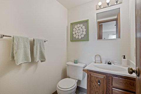 A bathroom with a toilet, sink, mirror, and towel rack.