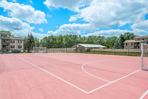 A basketball court with a net and a building in the background.