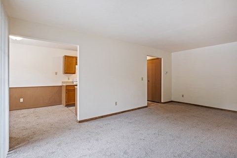A room with a carpeted floor and a wooden cabinet.