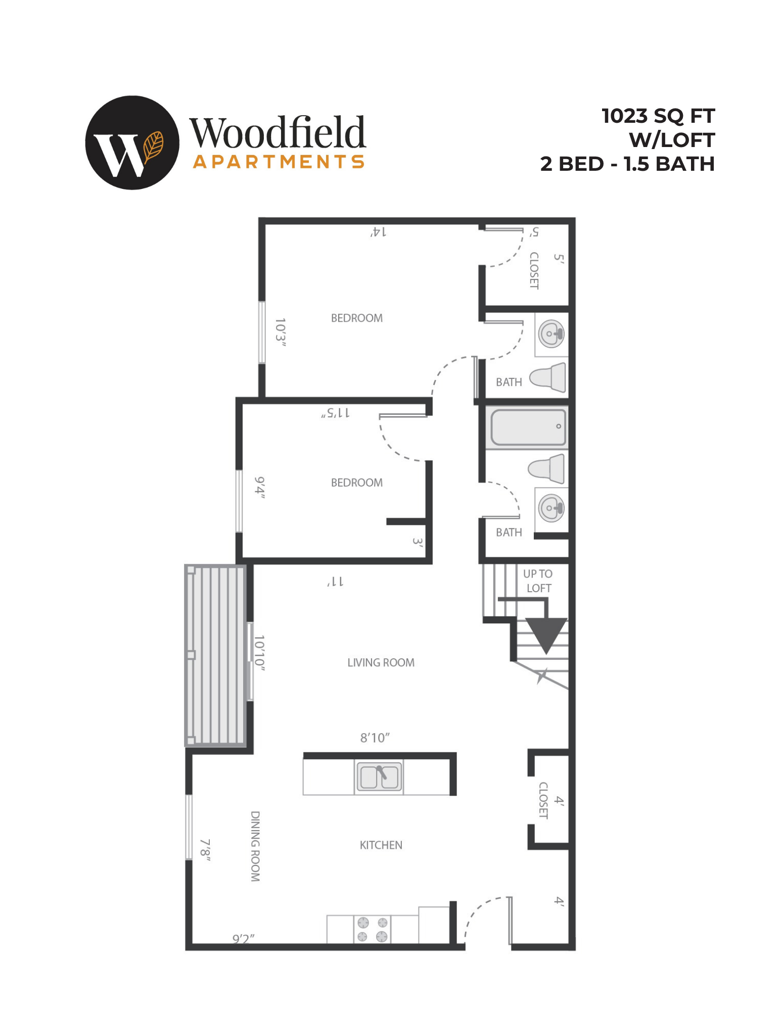 2 Bed, 1.5 Bath Loft - 1,023 sq ft