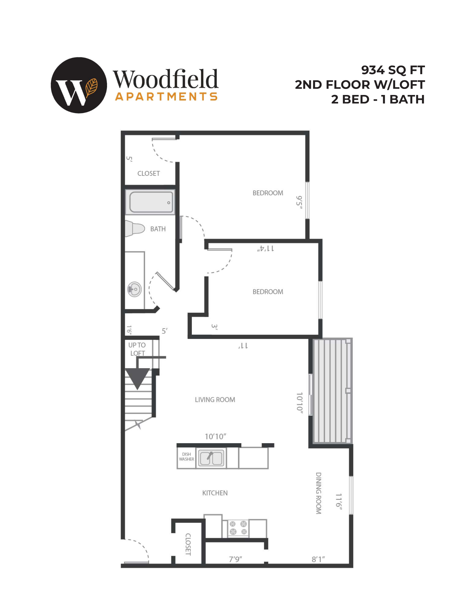 2 Bed, 1 Bath - 934 sq ft