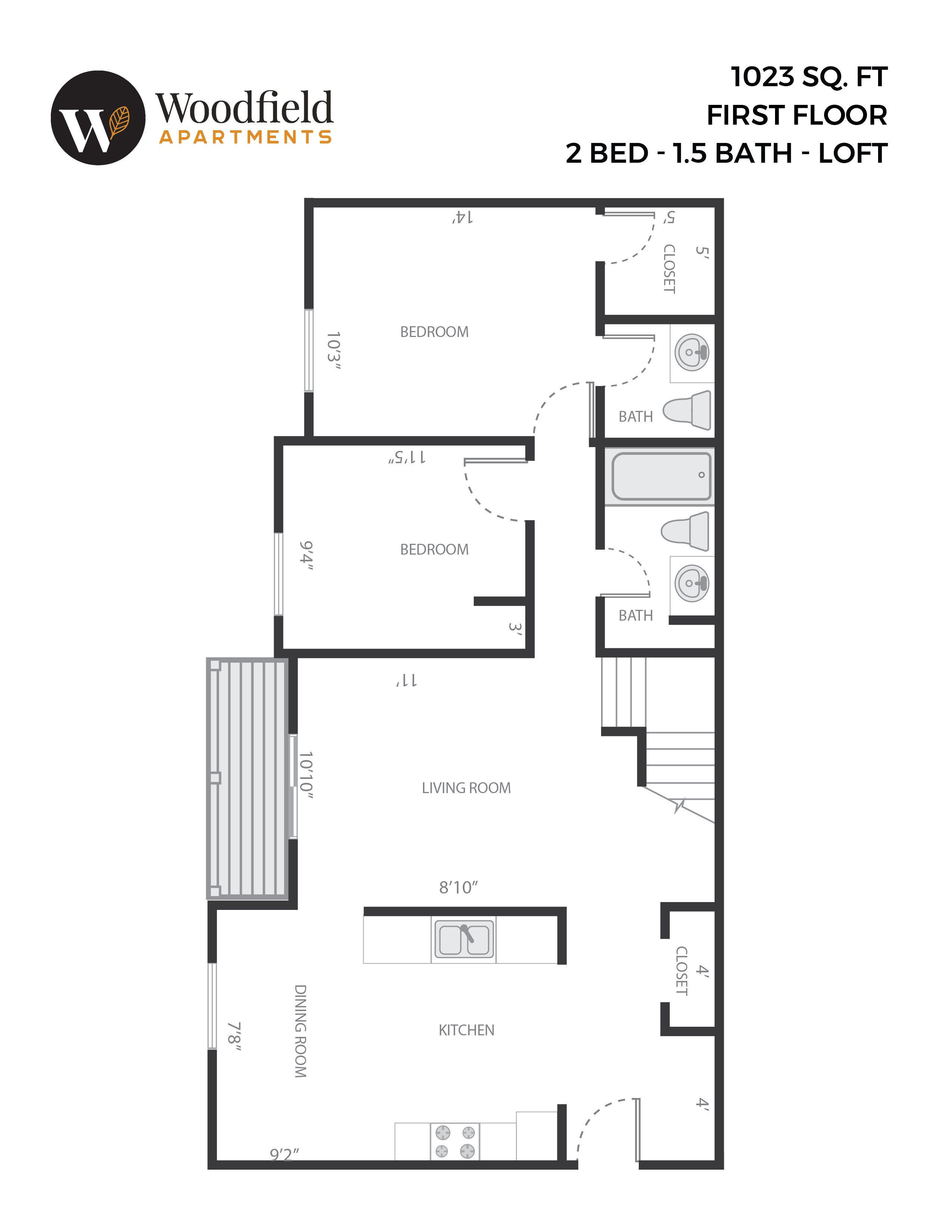 2bed-1.5bath loft; 1023 sq ft