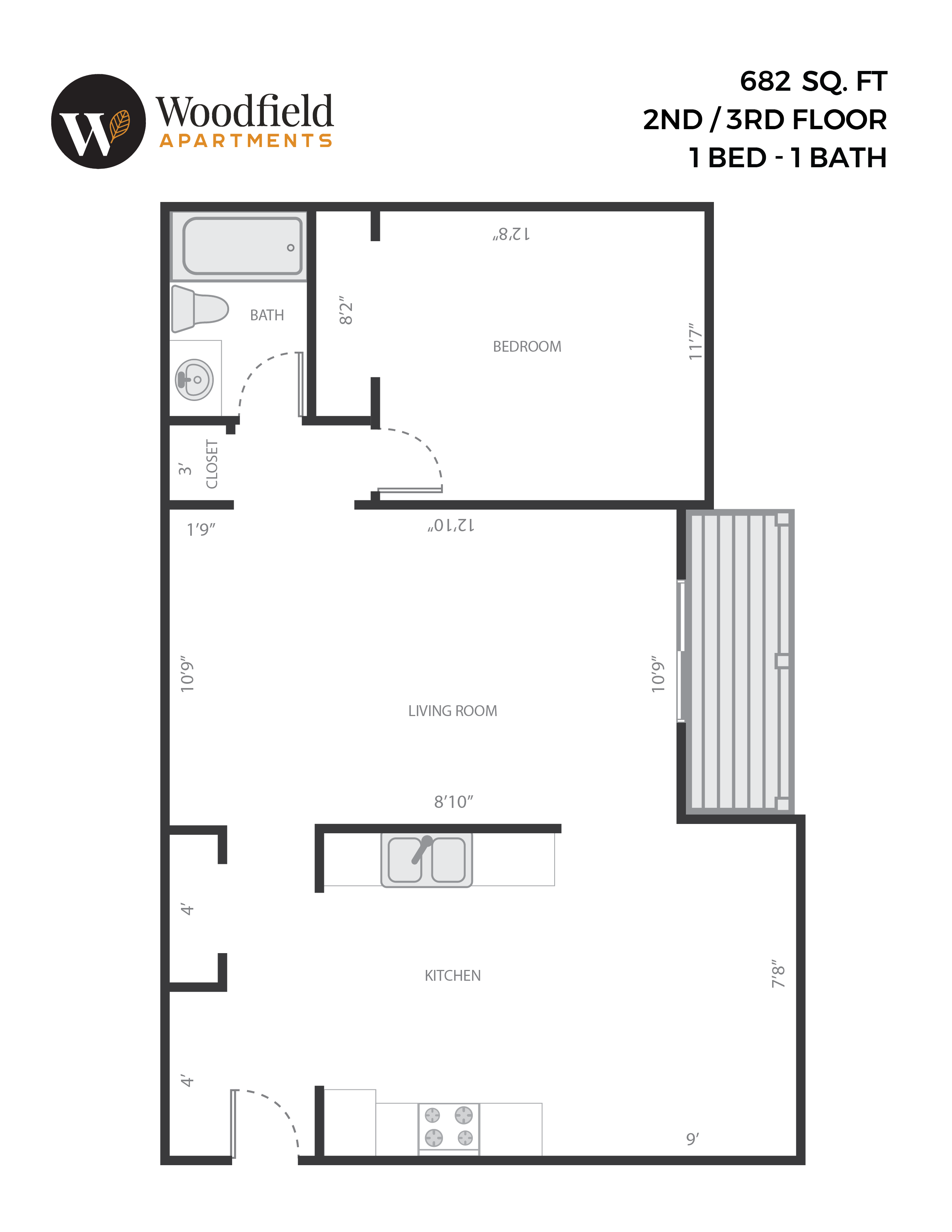 1 bed-1bath, 682 sq ft:  2nd & 3rd floor