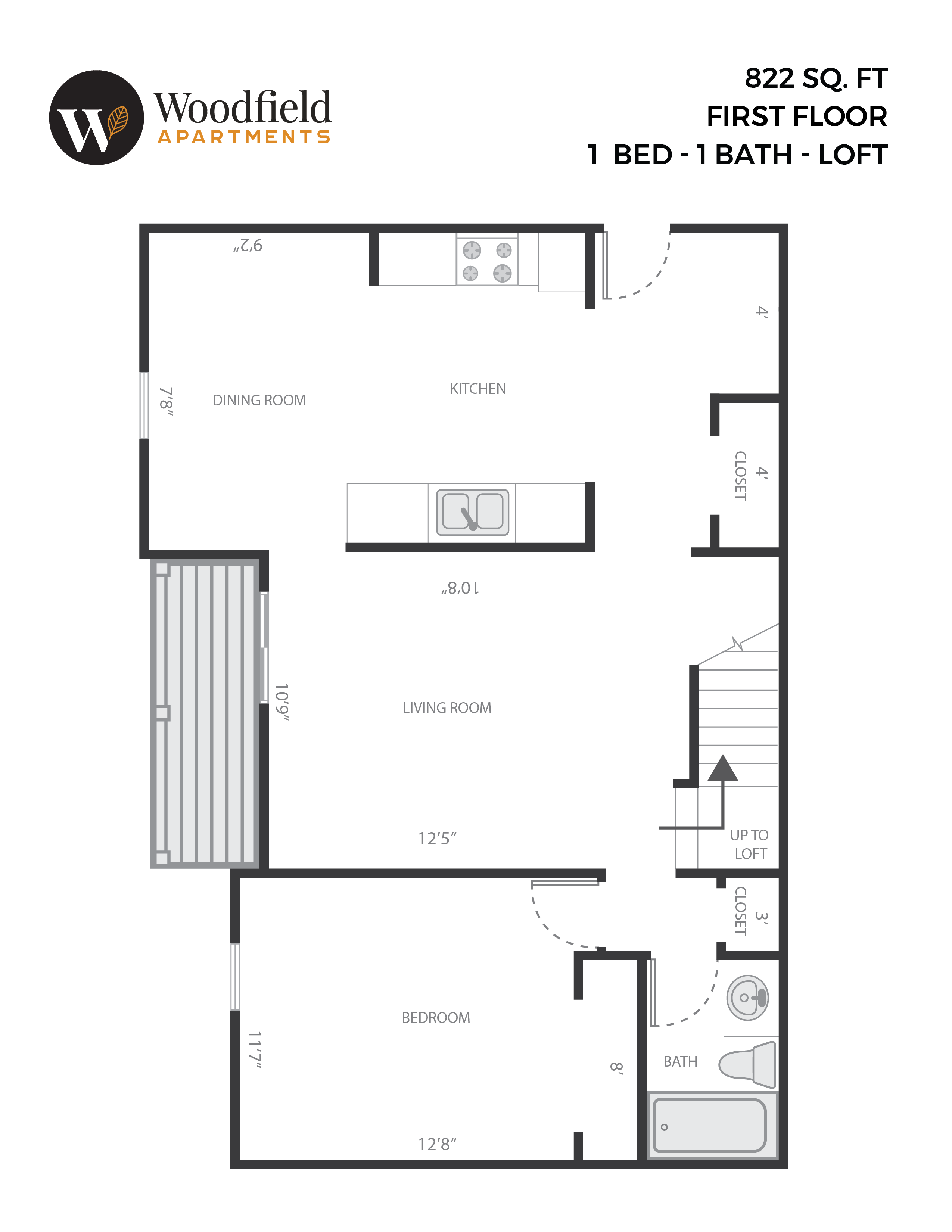 1bed 1 bath, 822 sq ft loft; 1st floor