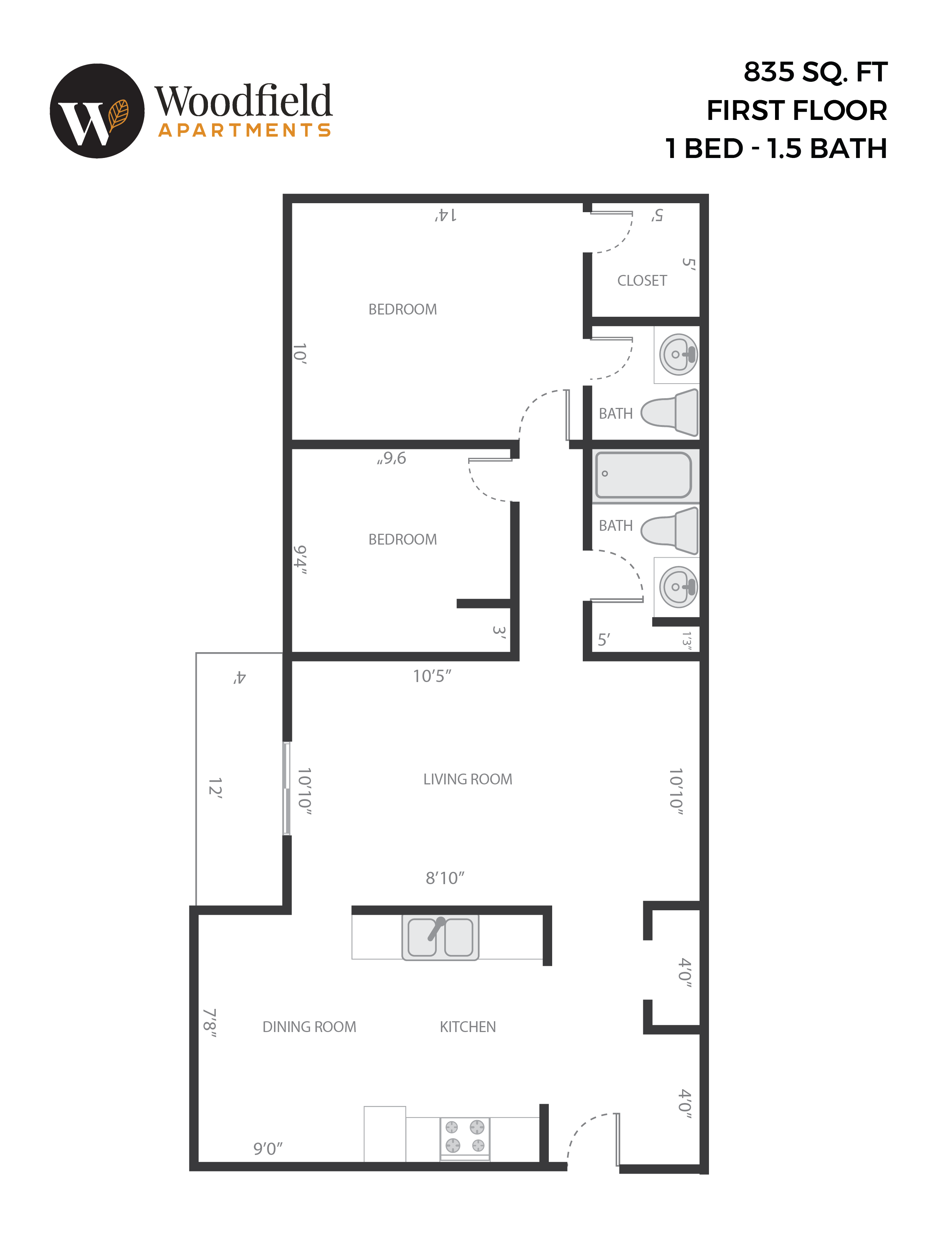 1 bed 1.5 bath 835 sq ft, 1st floor