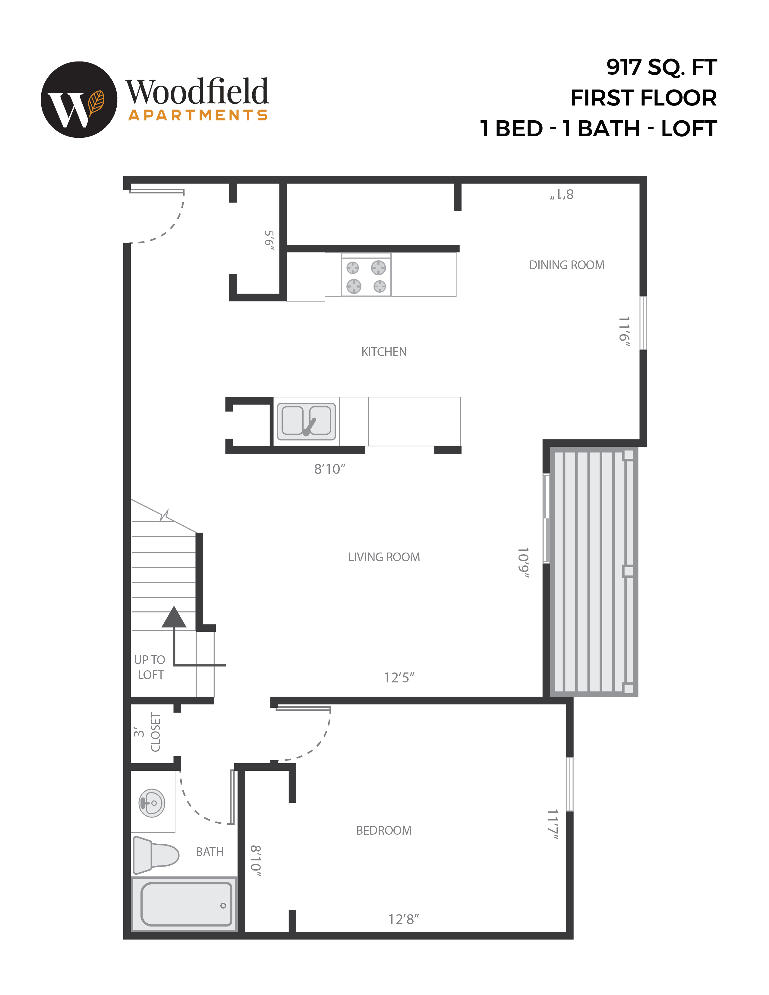 1 bed 1 bath loft 917 sq ft; 1st floor