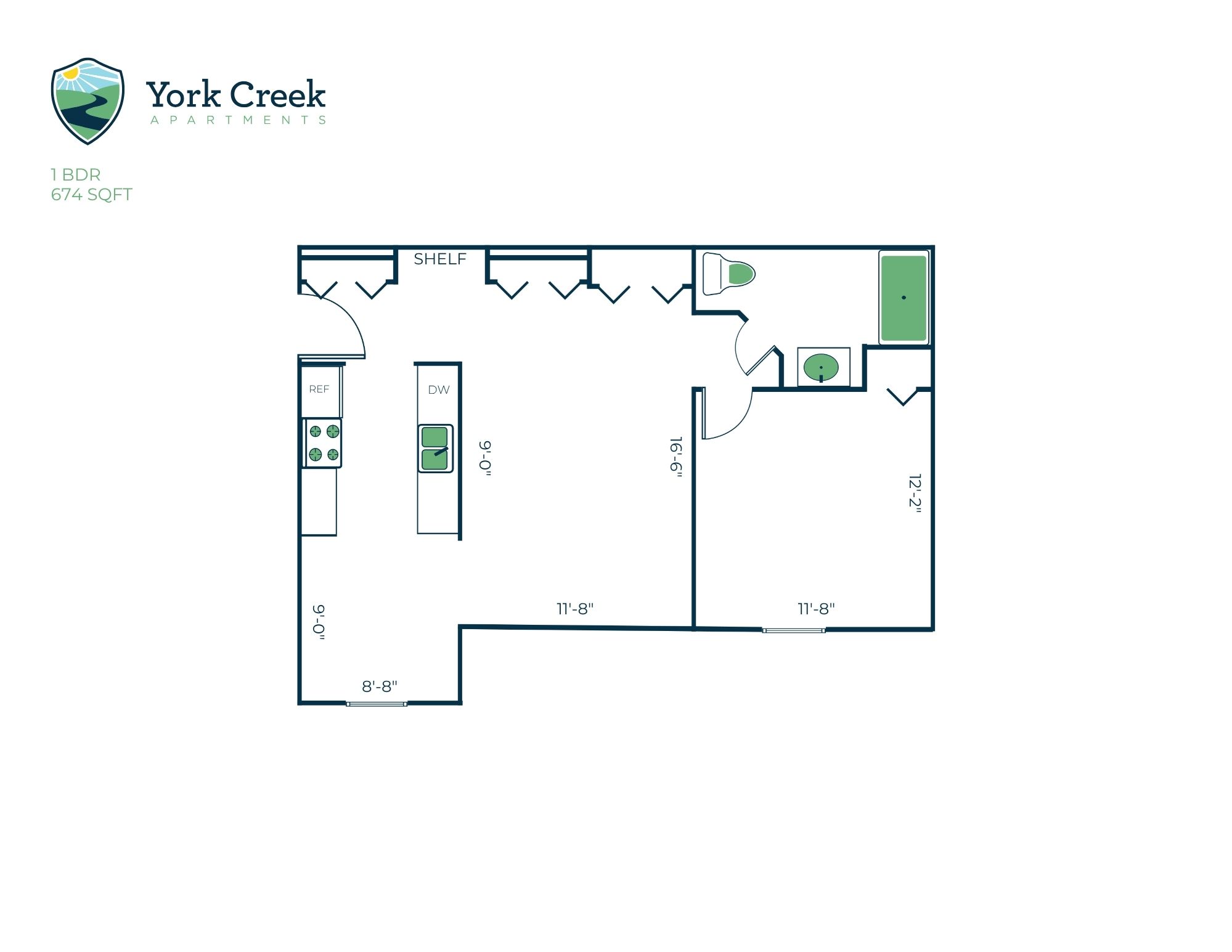 1 Bed, 1 Bath - 674 sq ft