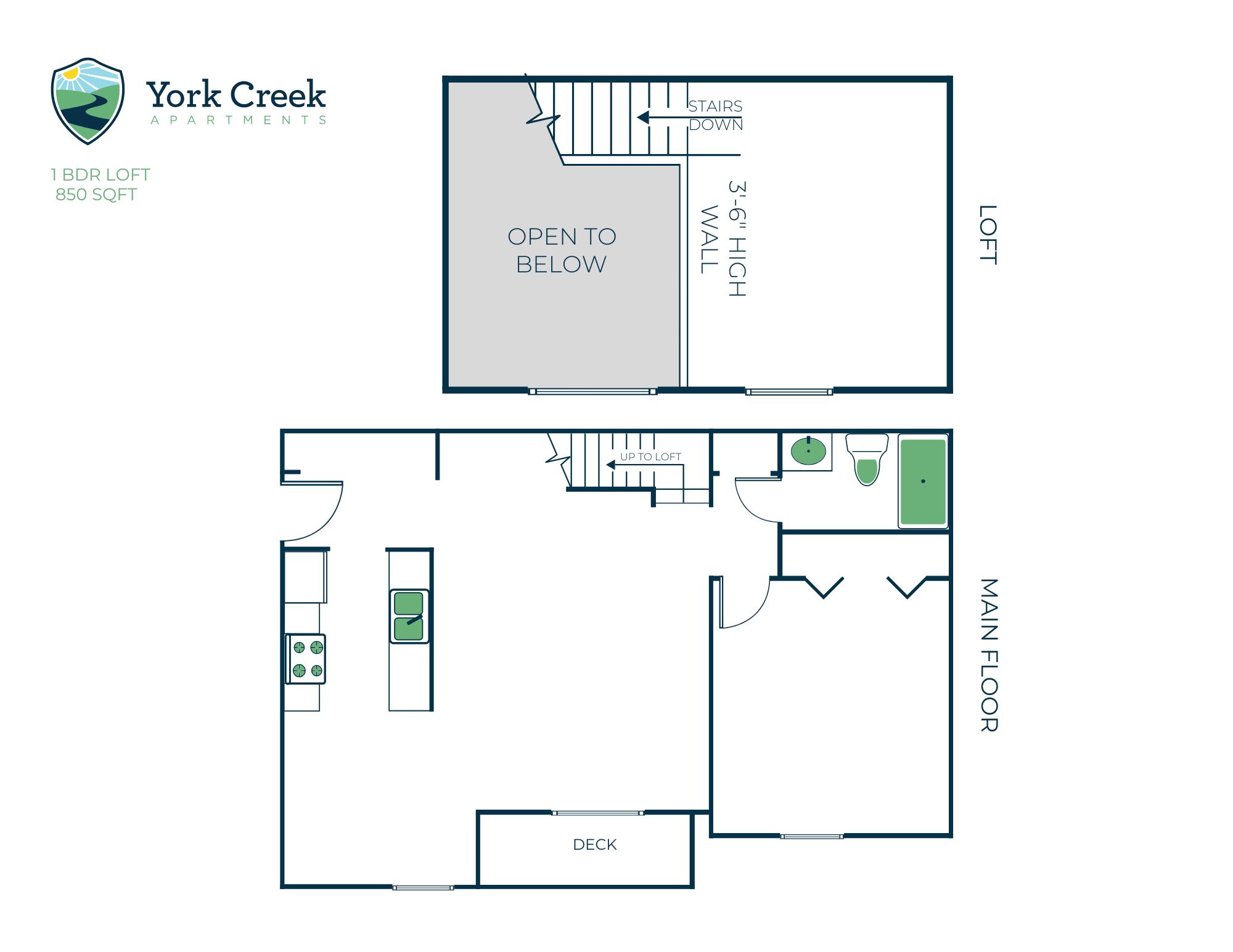 1 Bed, 1 Bath Loft - 850 sq ft