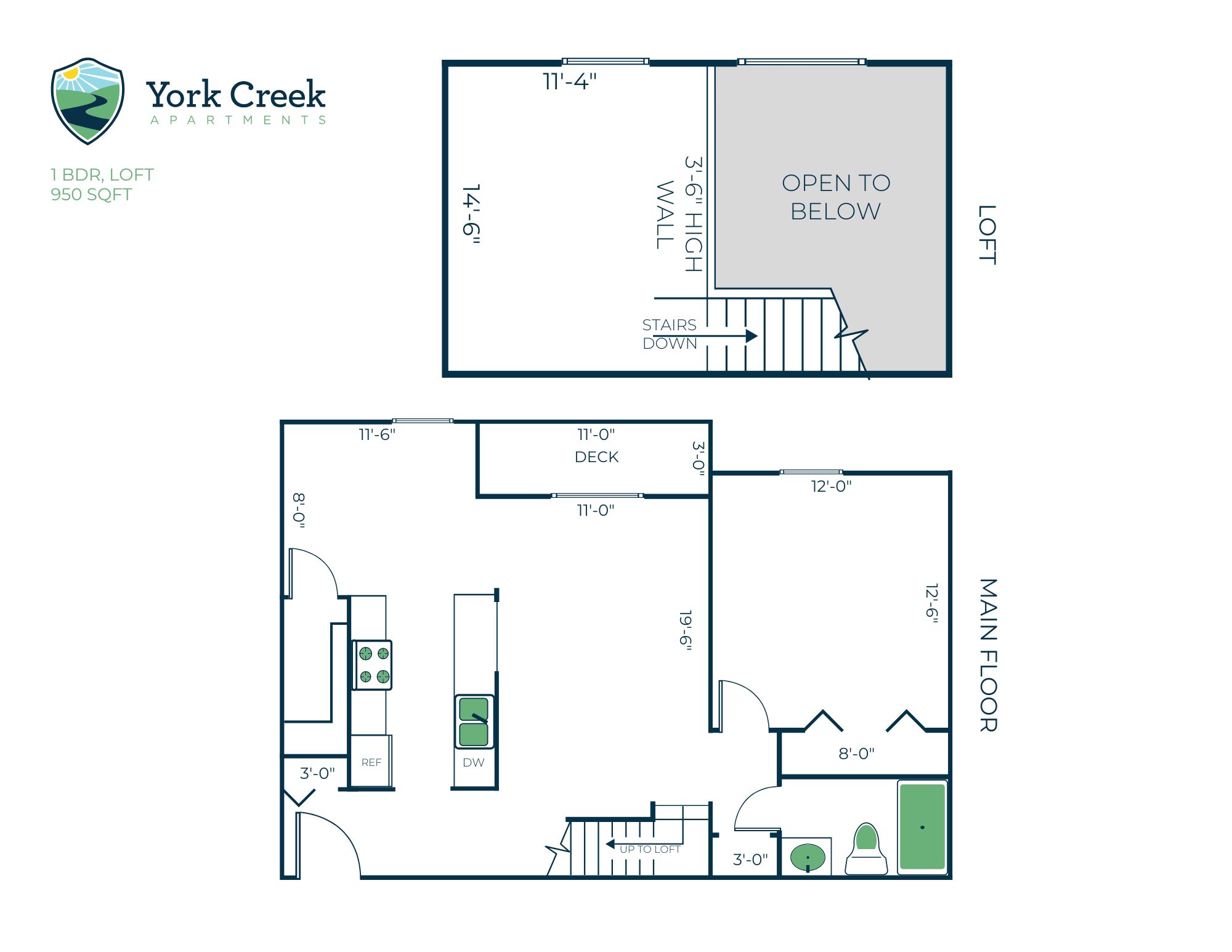 1 Bed, 1 Bath Loft - 950 sq ft