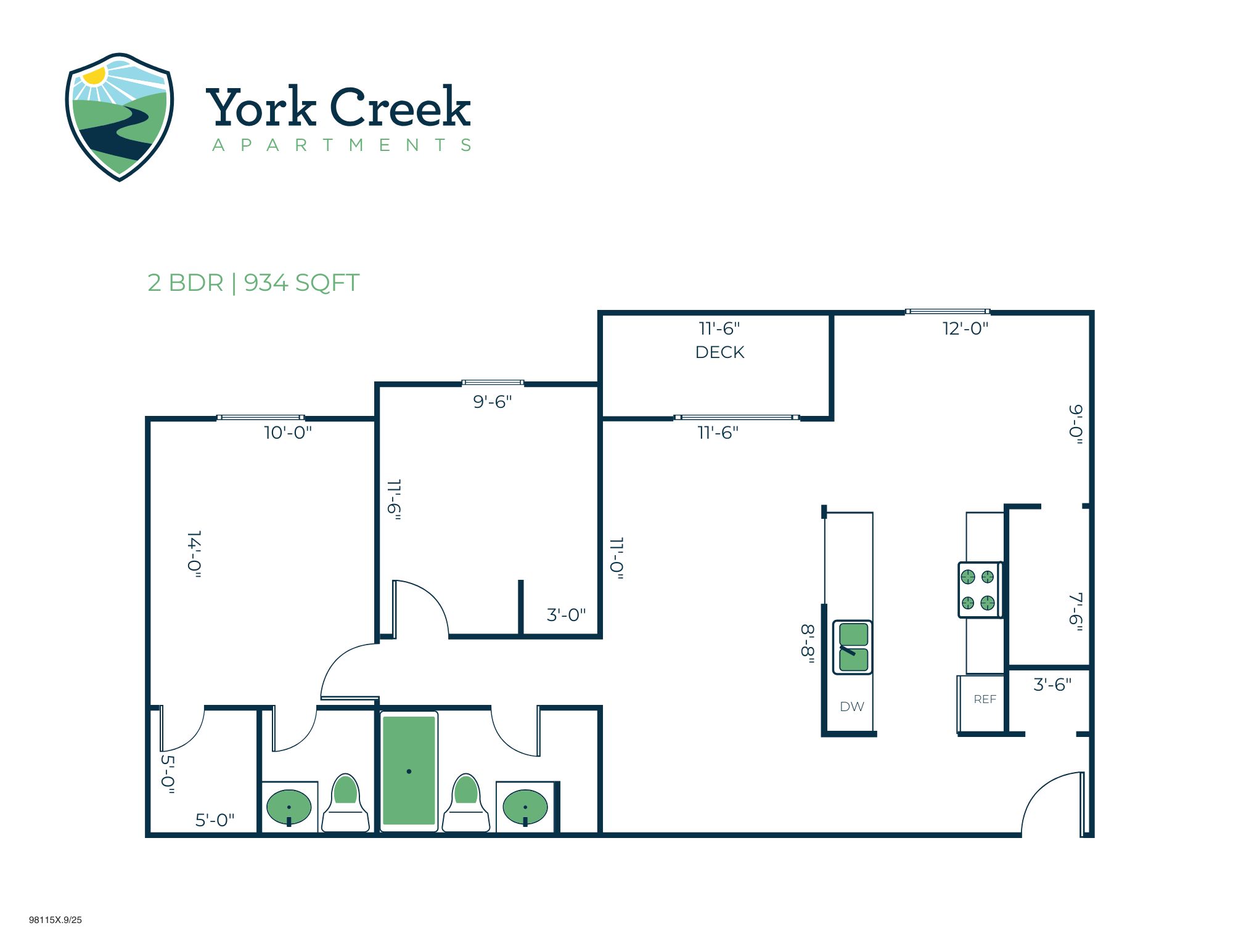 2 Bed, 1.5 Bath - 934 sq ft
