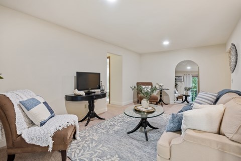 A living room with a brown chair and a white couch.