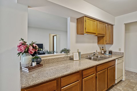 A kitchen with a granite countertop and wooden cabinets.