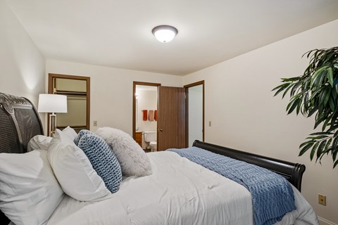 A bedroom with a bed covered in a white and blue comforter.
