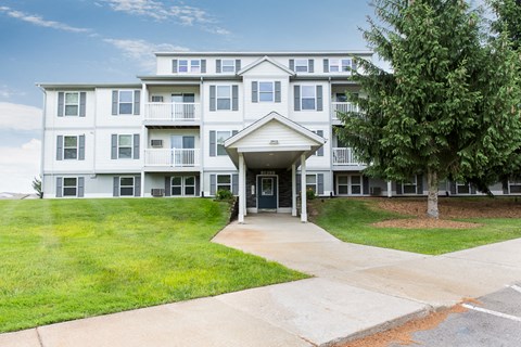 a large white apartment building with a tree in front of it