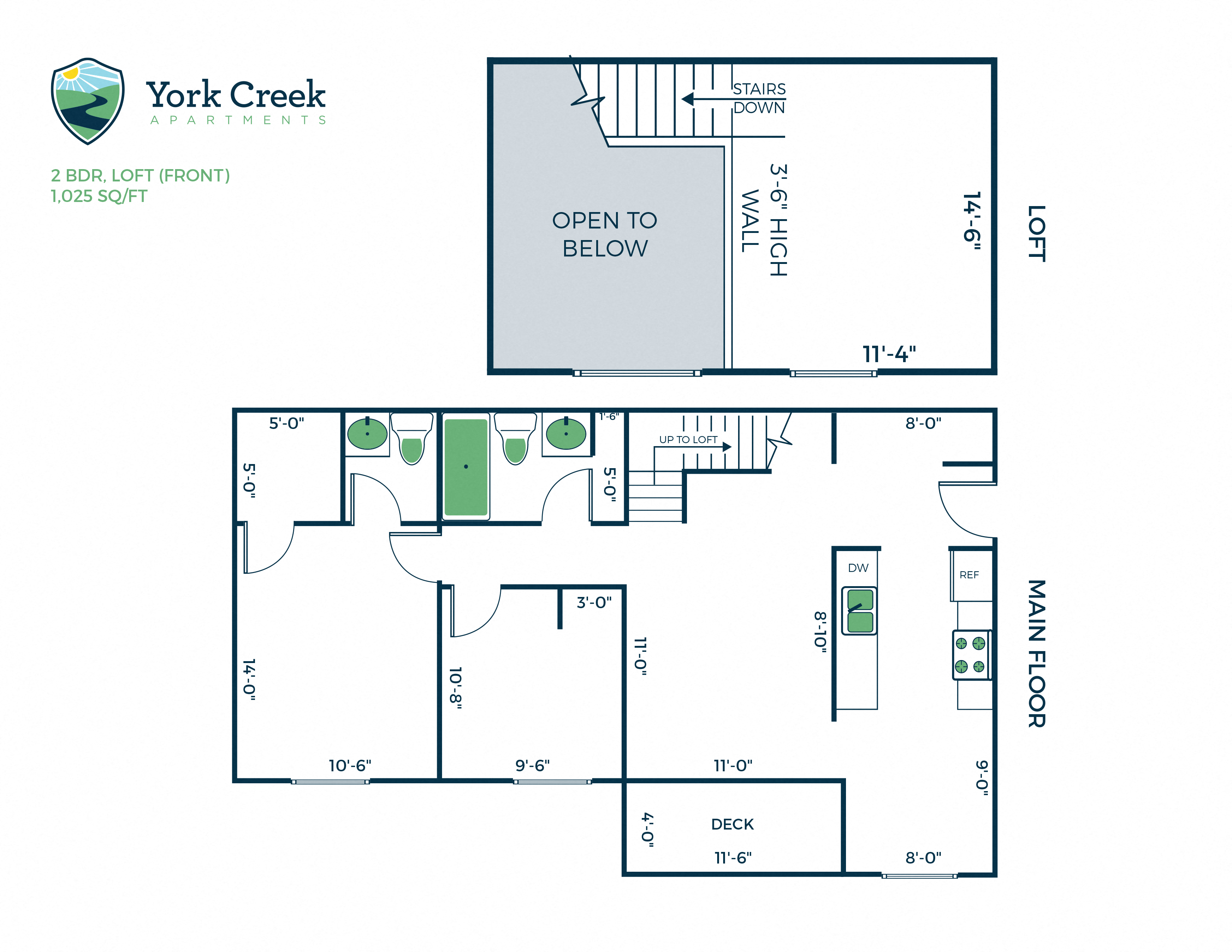 2 Bed, 1.5 Bath Loft - 1,025 sq ft