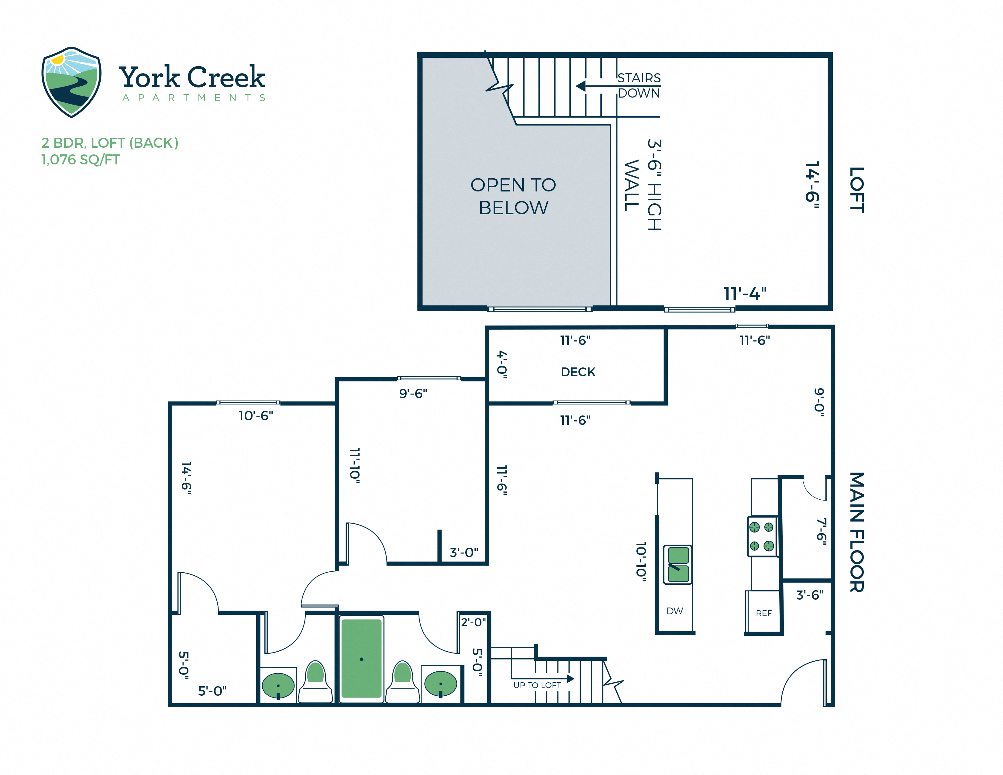 2 Bed, 1 Bath Loft - 1,076 sq ft