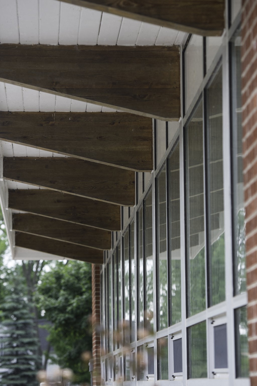 the underside of awnings on a brick building