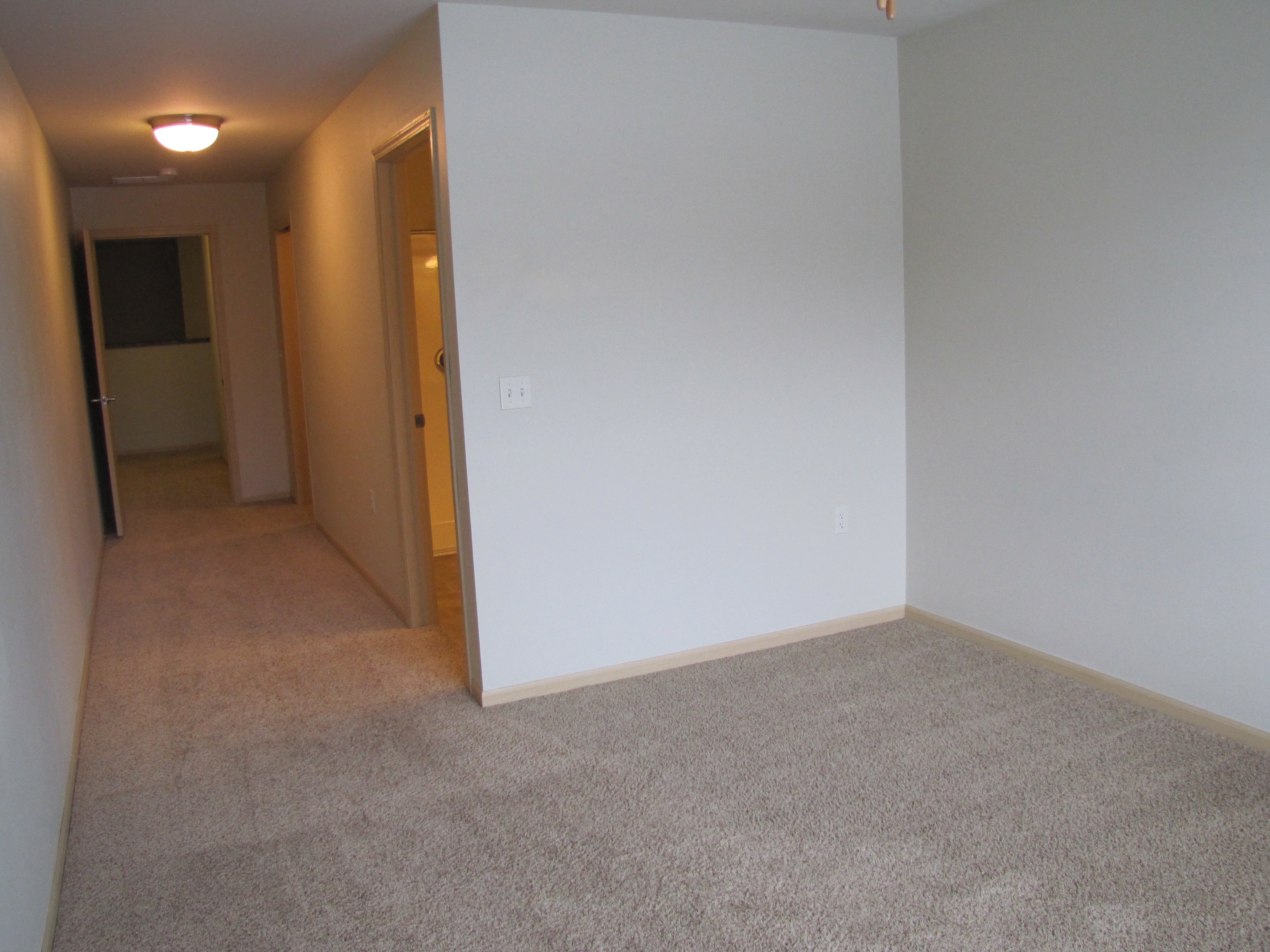 a bedroom with a carpeted floor and a hallway with a door to a room