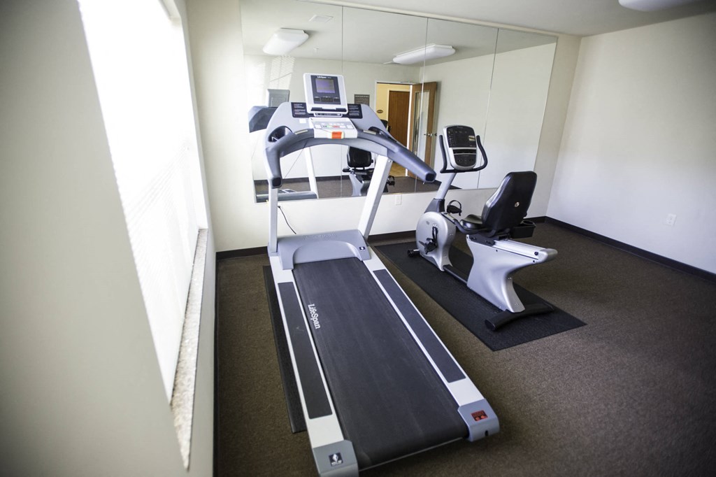a gym with a treadmill and other exercise equipment