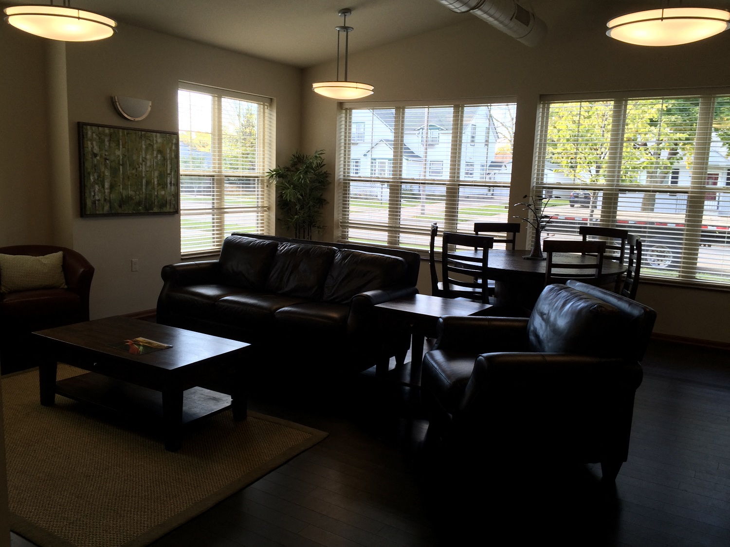 a living room with leather furniture and large windows