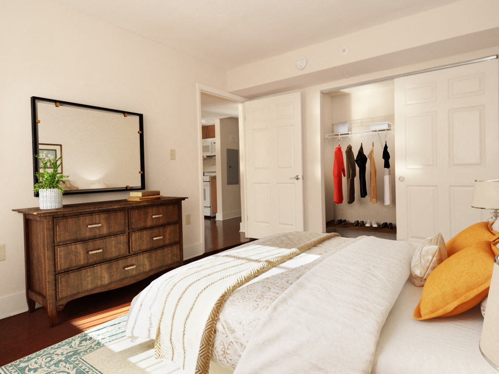 bedroom decorated and closet